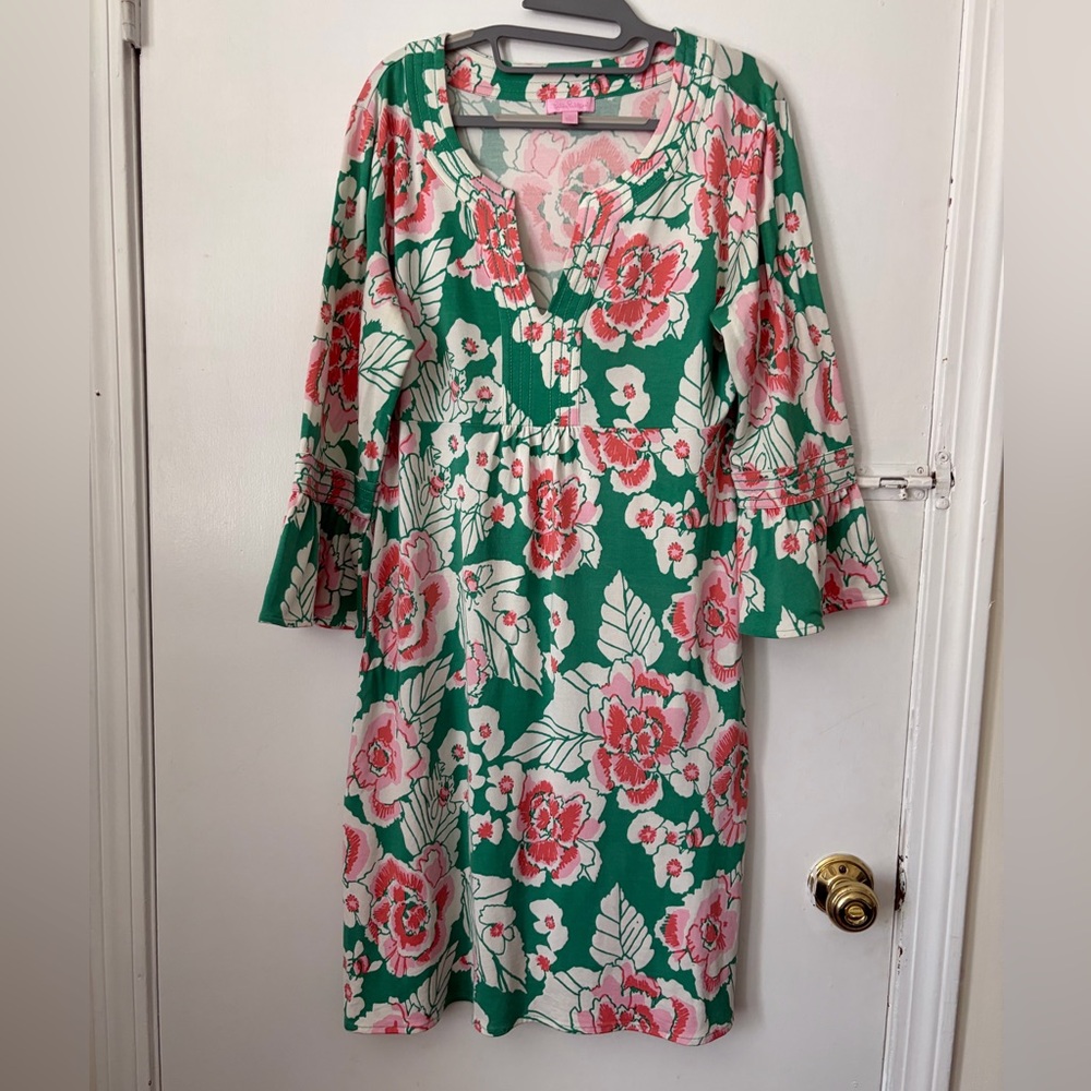 Lilly Pulitzer Silk Green Floral Shift Dress with Pink Blooms